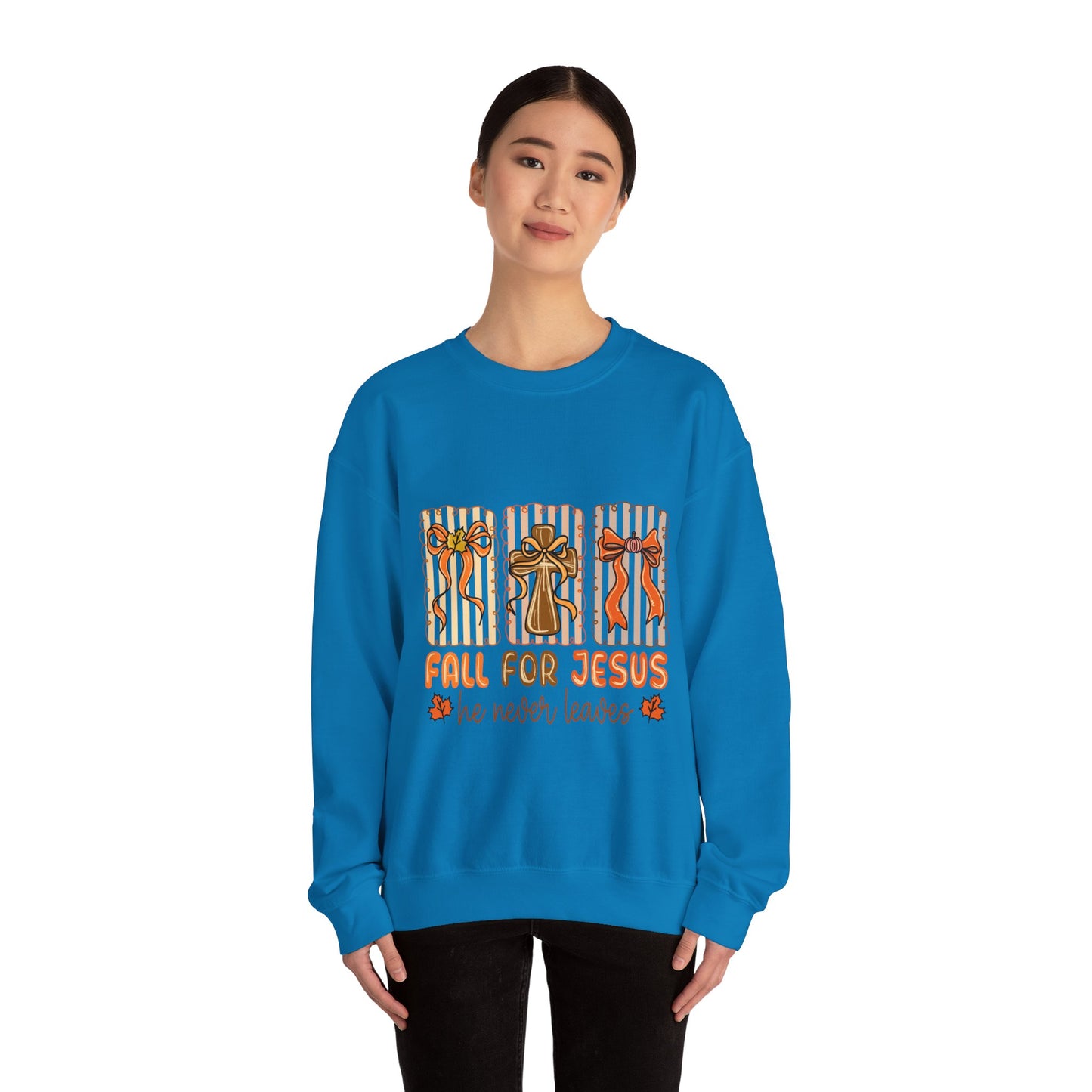 Christian Fall Sweatshirt - Fall for Jesus He Never Leaves
