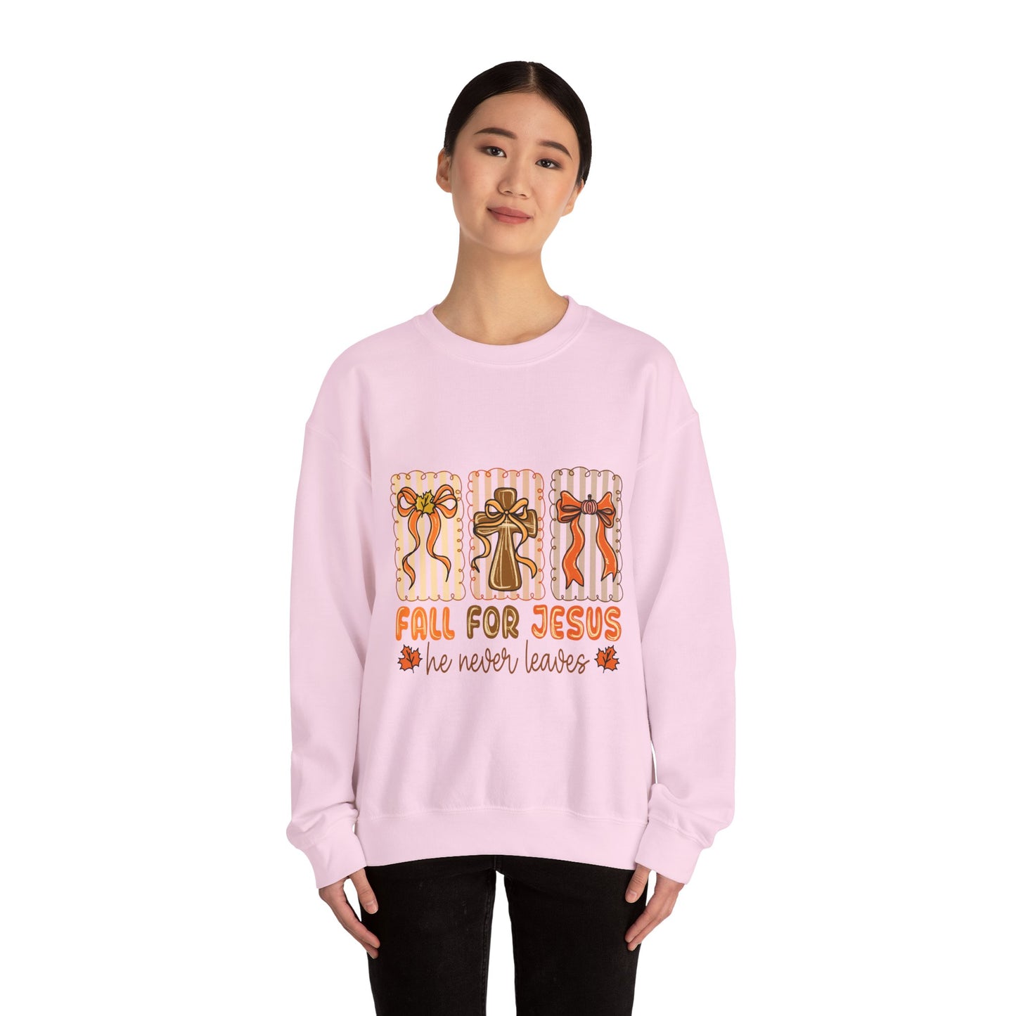 Christian Fall Sweatshirt - Fall for Jesus He Never Leaves