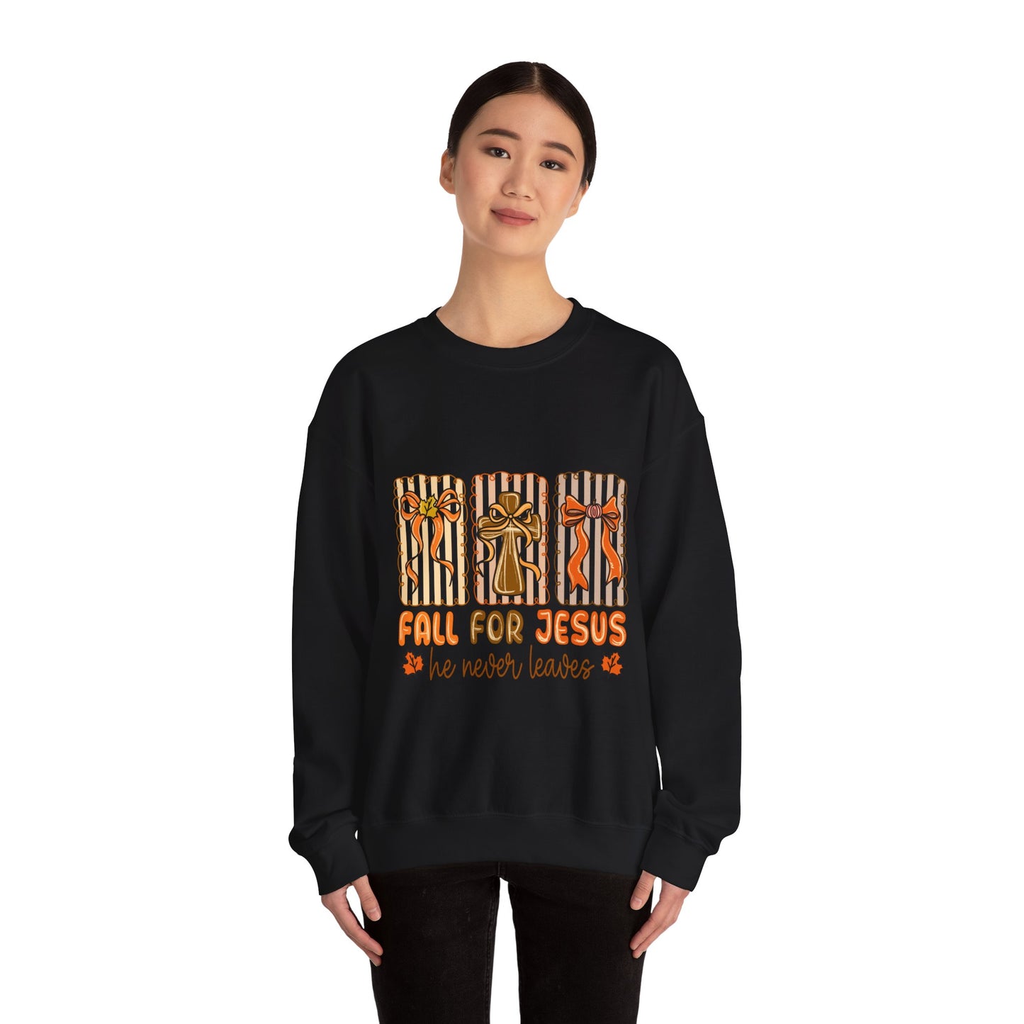 Christian Fall Sweatshirt - Fall for Jesus He Never Leaves