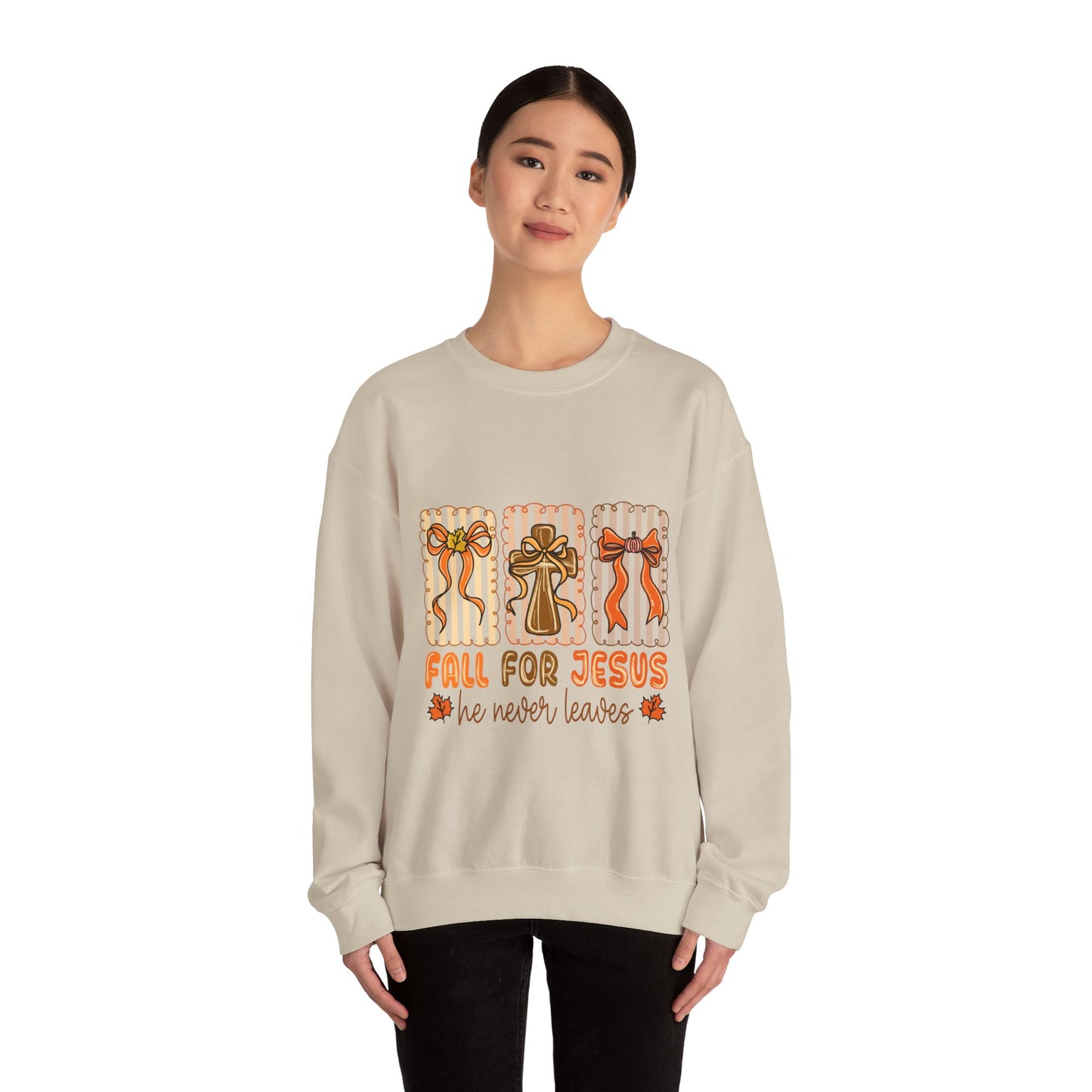 Christian Fall Sweatshirt - Fall for Jesus He Never Leaves