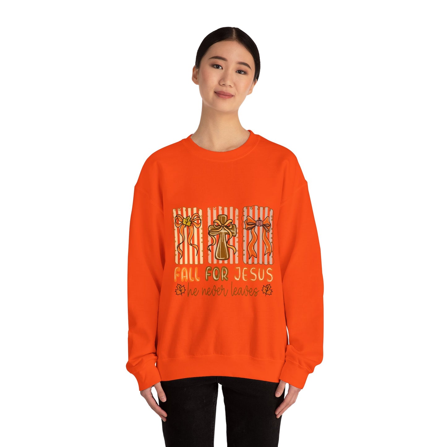 Christian Fall Sweatshirt - Fall for Jesus He Never Leaves